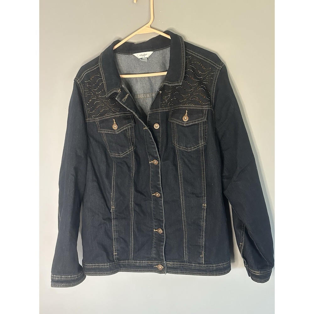 Denim Jacket BLING CJ Banks Dark Jean 2X Rhinestones Stretch - Picture 6 of 6